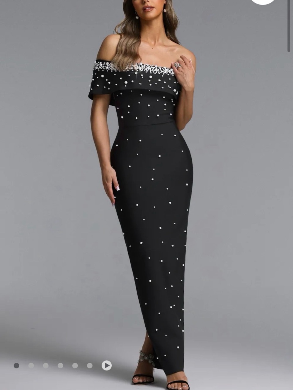 Off-Shoulder Black Pearl-Embellished Evening Dress